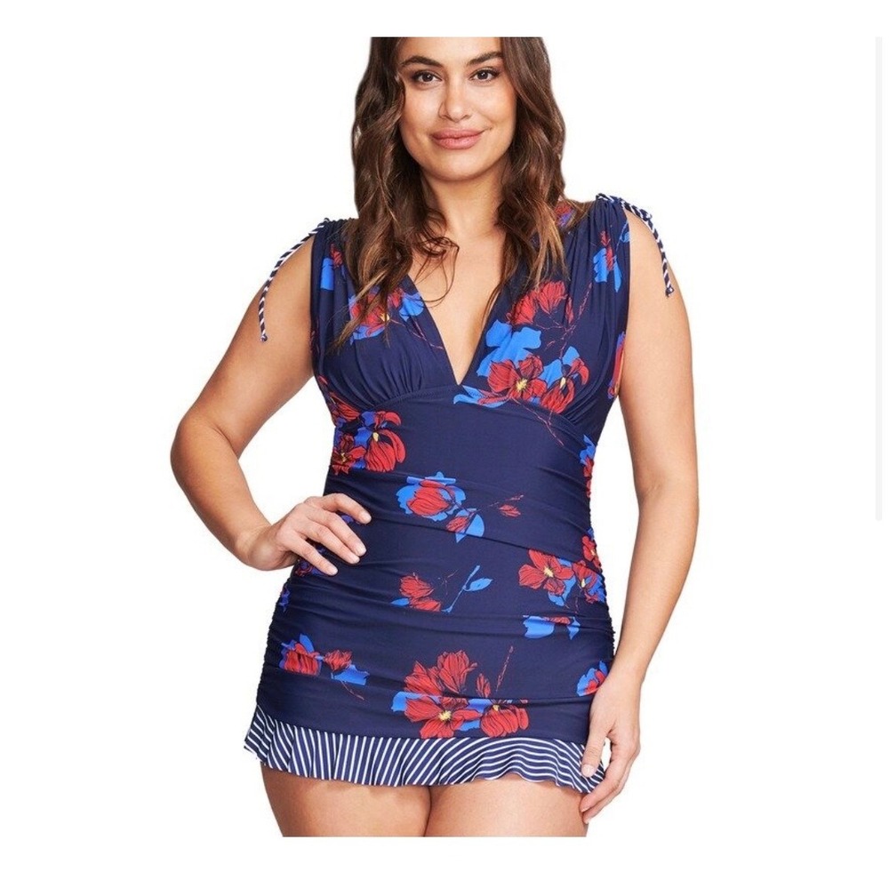 Mazu Swim Navy Floral Swimdress One Piece Swimsuit V-Neck Ruched Size 8